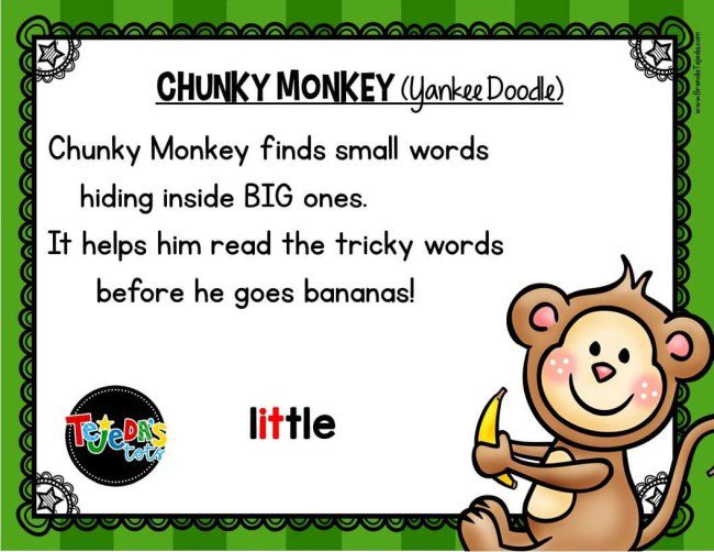 Chunky Monkey de lectura de cartas encuentra palabras pequeñas escondidas dentro de palabras grandes.  Le ayuda a leer palabras difíciles antes de volverse loco.