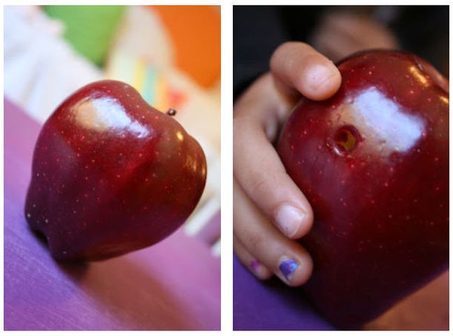 Red apple with a hole poked into the side, showing the browning apple inside (Dental Activities for Kids)