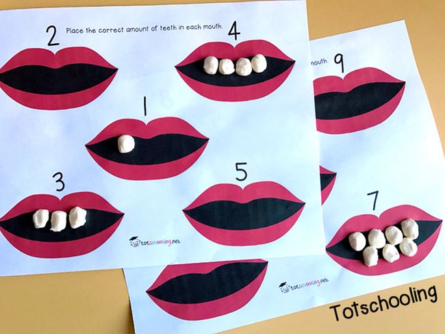 Printable worksheets with open mouths and a different number of playdough teeth in each (Dental Activities for Preschoolers)