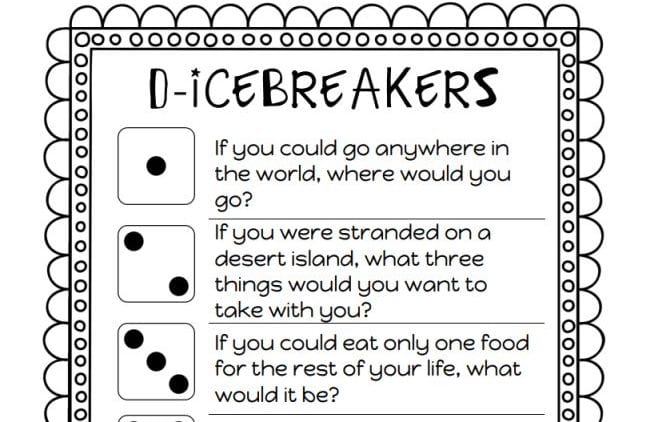 D-icebreakers worksheet with dice sides and getting-to-know-you-questions (Dice Games)