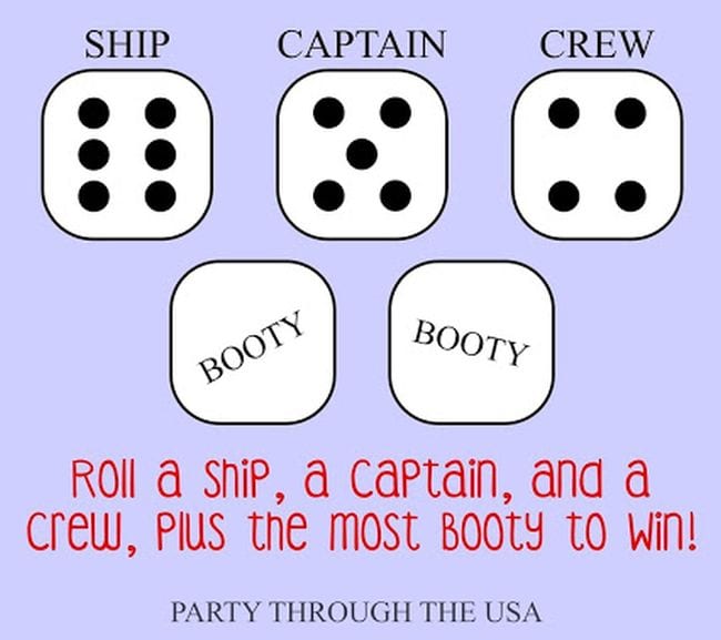 Three dice labeled ship, captain, and crew, with two more labeled Booty. Text reads: Roll a ship, a captain, and a crew, plus the most booty to win!