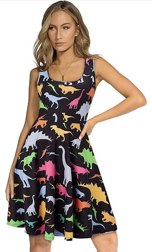 Black dress with dinosaurs on it