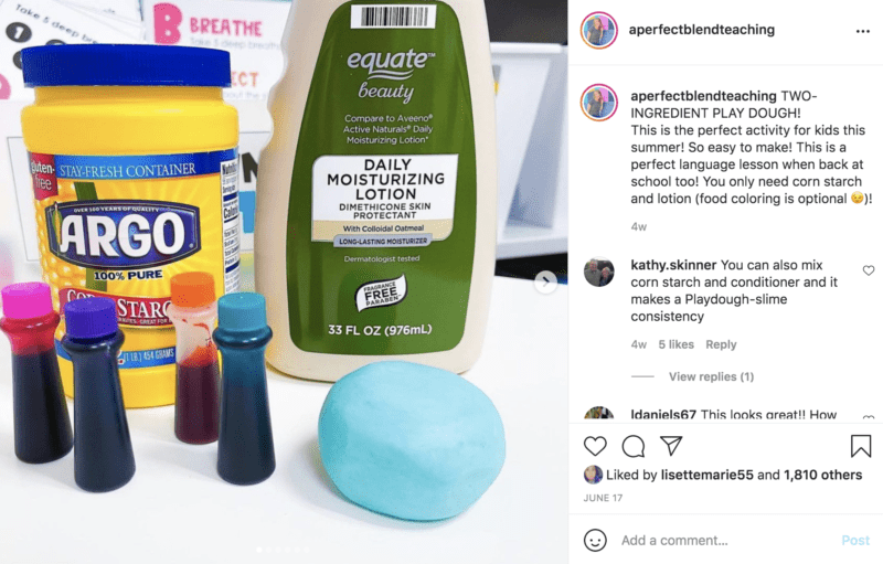 DIY playdoh from cornstarch, lotion, and food coloring