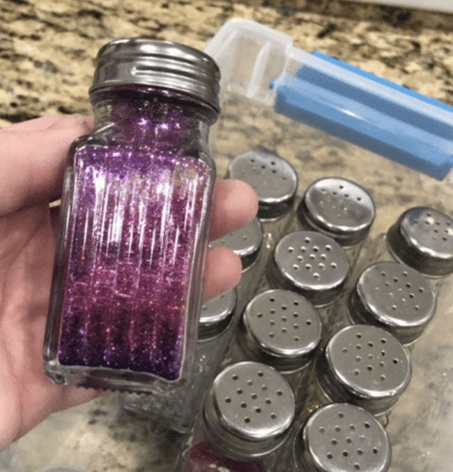 Salt shaker filled with purple glitter (Dollar Store Hacks)