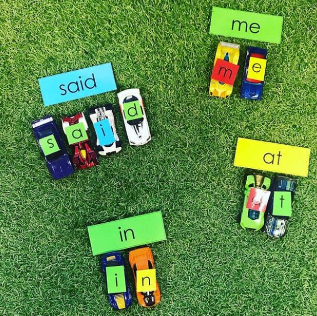 Toy cars with letters on the tops, put together to form words (Dollar Store Hacks)