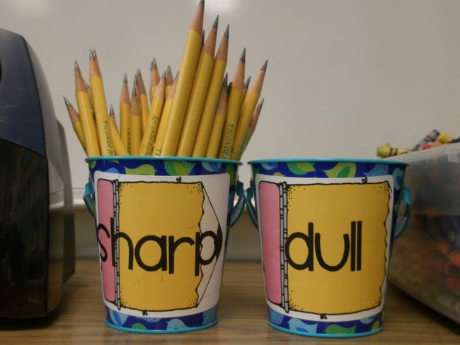 Metal pails labeled Sharp and Dull filled with pencils (Dollar Store Hacks)