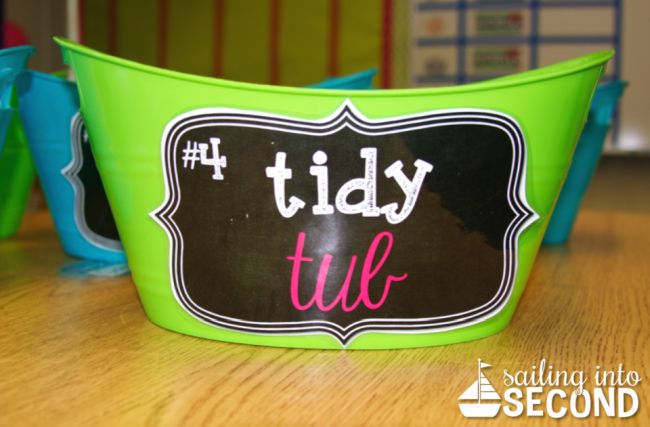 Plastic bin labeled Tidy Tub #4