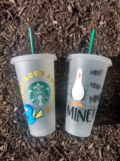 Custom Starbucks cup with Finding Nemo and Dory designs