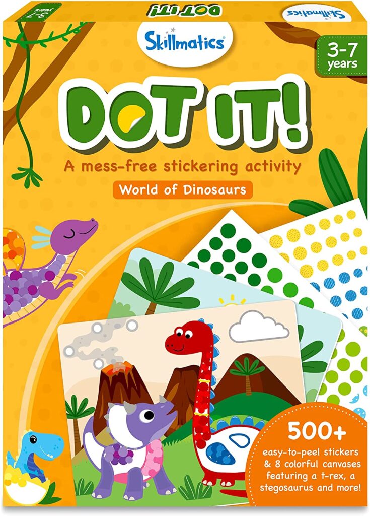 A yellow box says Dot It! and has sheets of tiny dot stickers. There is another sheet in the forefront that has dinosaurs that have been "colored" using the dots.