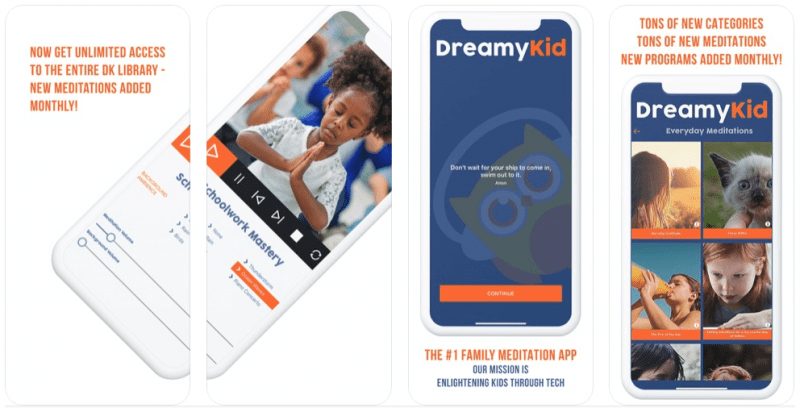 Four individual rectangles are shown.  Three phones are pictured.  The first has a little girl practicing meditation on it.  The other two show the Dreamy Kid app which features a cartoon owl with headphones on. 