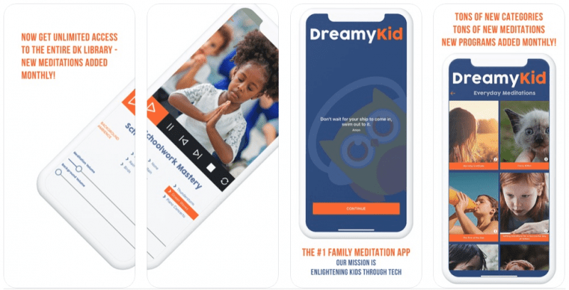 Foiur individual rectangles are shown. Three phones are pictured. The first has a little girl practicing meditation on it. The other two show the Dreamy Kid app which features a cartoon owl with headphones on. 