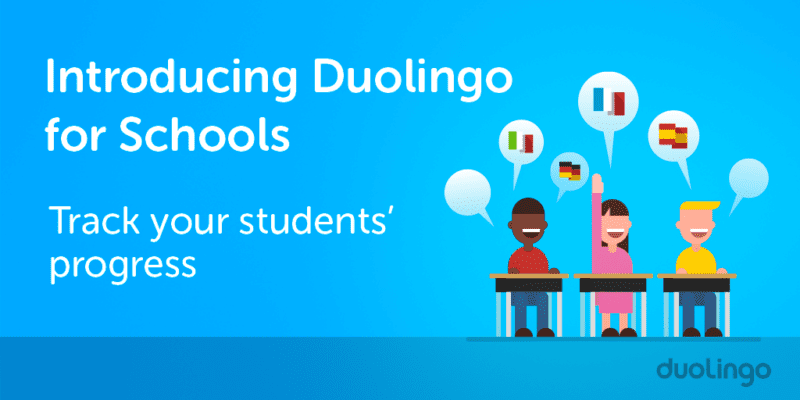Illustration of students learning languages ​​through Duolingo for Schools.