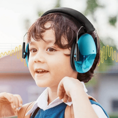 Child wearing noise-cancelling earmuffs- sensory room 