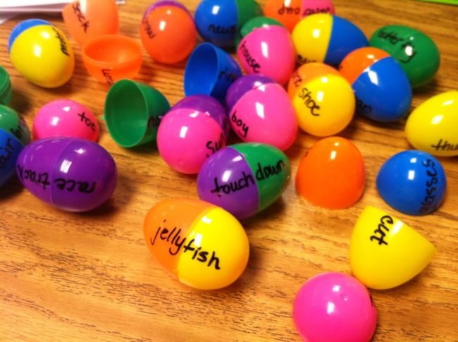 Plastic eggs matched up to make compound words like 