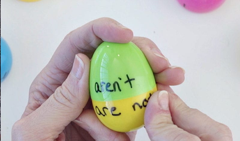Plastic Easter egg with one half labeled "aren't" and the other "are not"