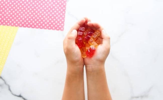 Student holding a handful of gummy bear candies (Edible Science)