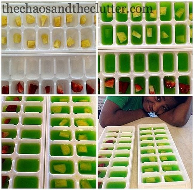 Collage of ice cube trays with pineapple and strawberry pieces and green jello