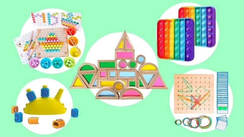 Collage of educational toys for kindergarten