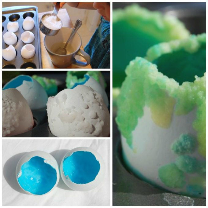 a collage of images that show how to make geodes out of eggshells and salt