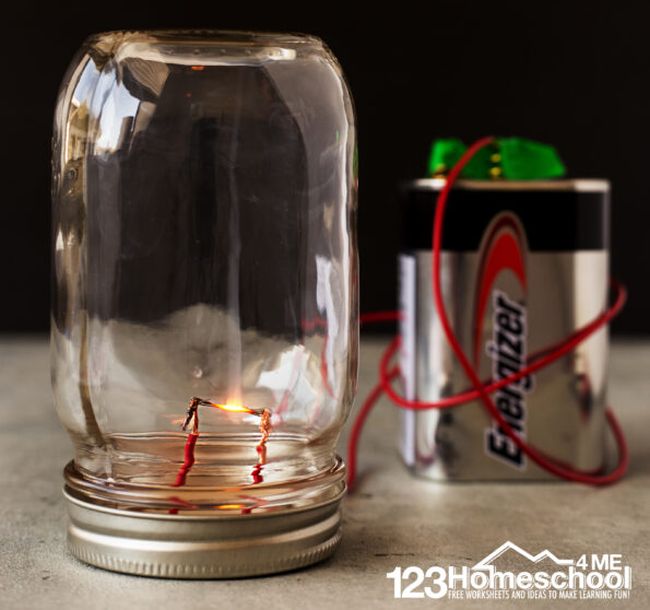 Simple lightbulb built from a glass jar, battery, and wires (Eighth Grade Science)
