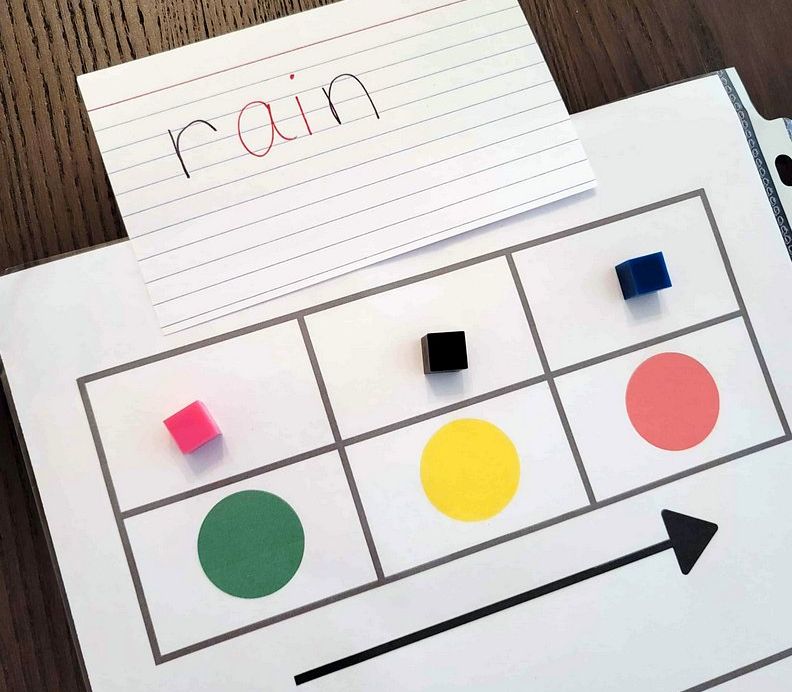 Elkonin box for the word "rain" with green, yellow, and red circles for beginning, middle, and end