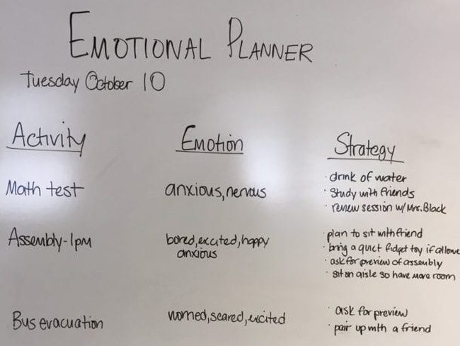 List of activities and emotions, plus ways to deal with emotions, including Math Test: Anxious, Nervous: Study With Friends