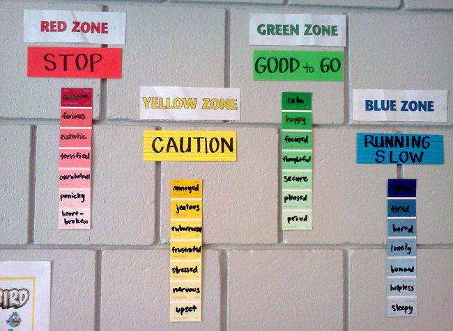 Word wall using paint strips to display emotion words 