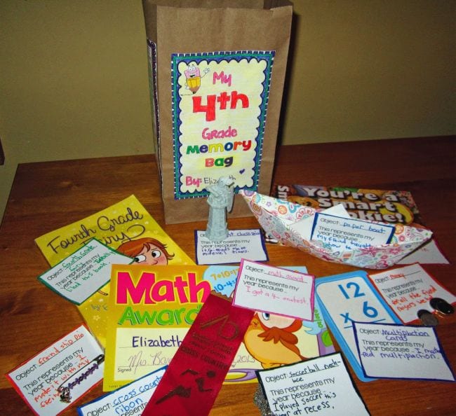 Paper bag labeled 4th Grade Memory Bag with an assortment of objects (End of Year Assignments)