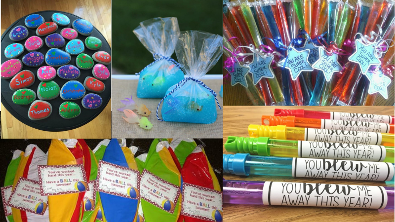 end of year student gifts: bubble wands, painted stones, slime, beach balls, ice pops
