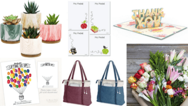 Collage of end of year teacher gifts including succulents and handbags.