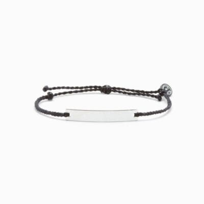Engravable Pura Vida bar bracelet with black cord and silver metal