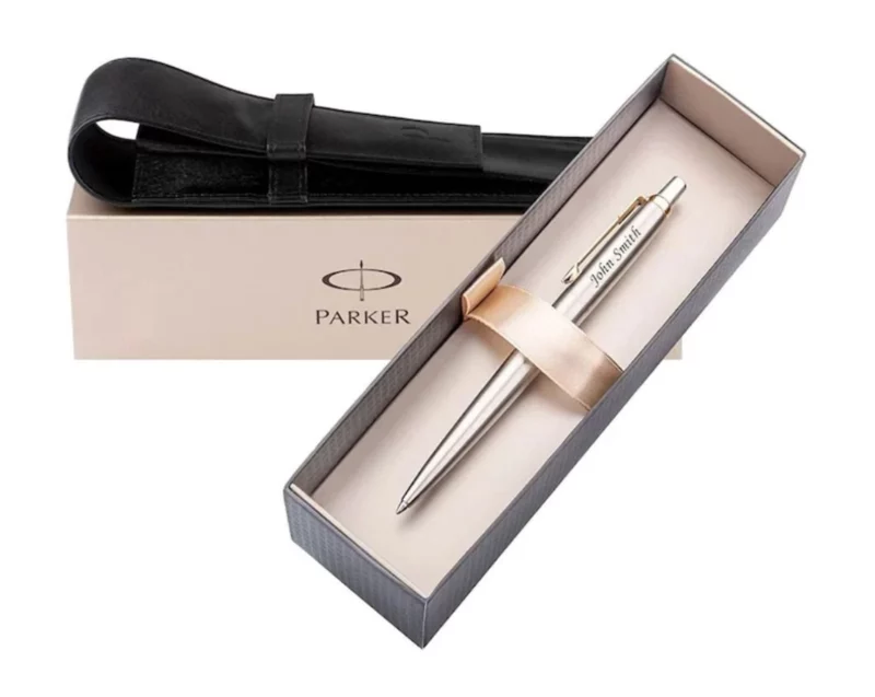 Monogrammed silver pen in a gift box.