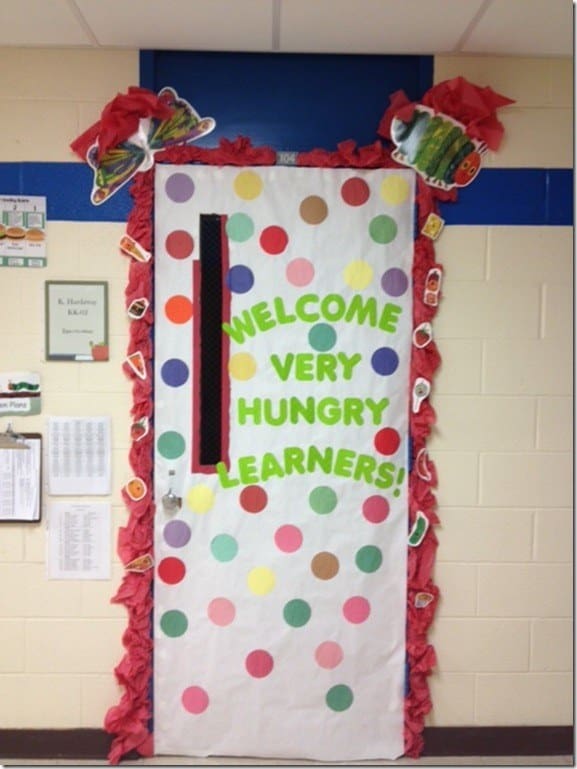 Door decoration of dots and the words "welcome very hungry learners!" -- classroom doors