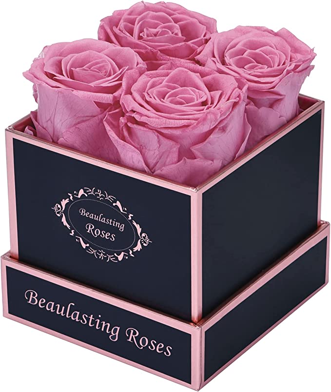Four pink Beaulasting Roses in a black gift box