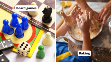Collage of game pieces and child's hands in dough with text 'Board games' and 'Baking'