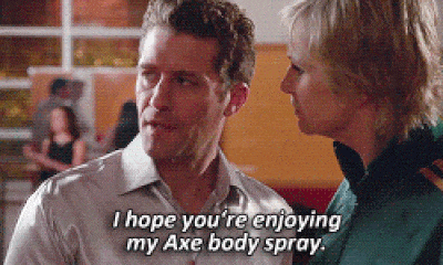 Gif of a man saying "I hope you're enjoying my Axe body spray."