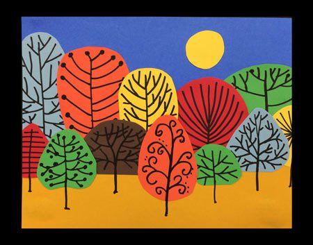Fall art projects include this fall collage. It is constructed from different cut outs of construction paper that are made to look like different color and sized trees.