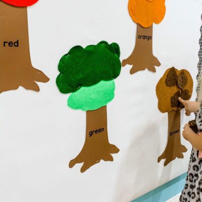 A close-up shows trees with a little hand sticking felt colors to the right colored tree.