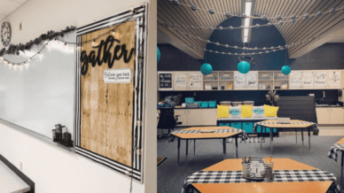 Two classrooms using farmhouse decor in their seating and bulletin boards