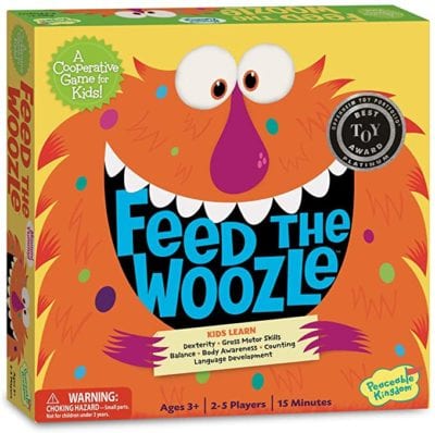 Box for Feed the Woozle cooperative preschool game showing an orange monster with google eyes and a large mouth with teeth