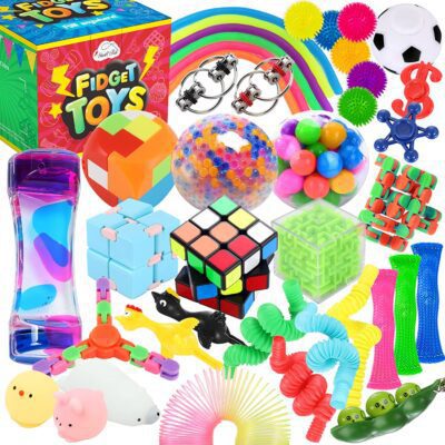 Bundle pack of fidget toys including spinners, squishable toys, and cubes, as an example of the best fidget toys for the classroom