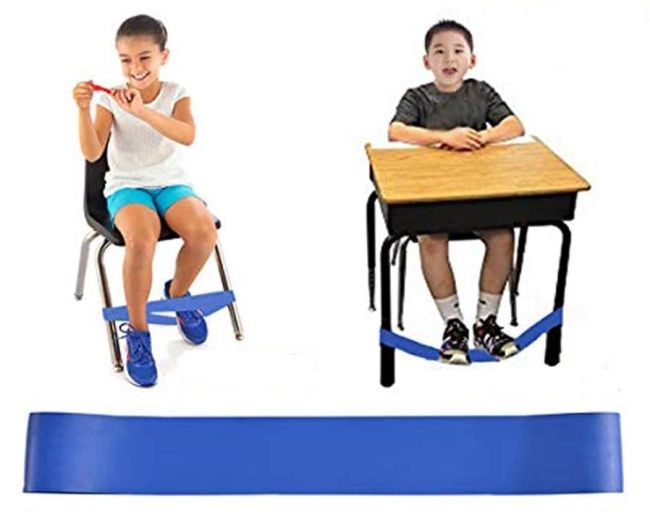 Students using fidget bands attached to their chair and desk legs