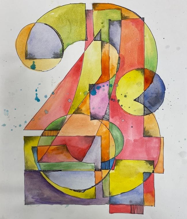 Numeral three with various shapes and patterns in the style of Jasper Johns