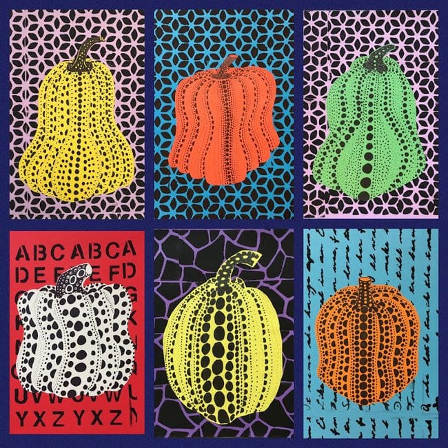 Collage of paper pumpkins in dot patterns in the style of Kusama