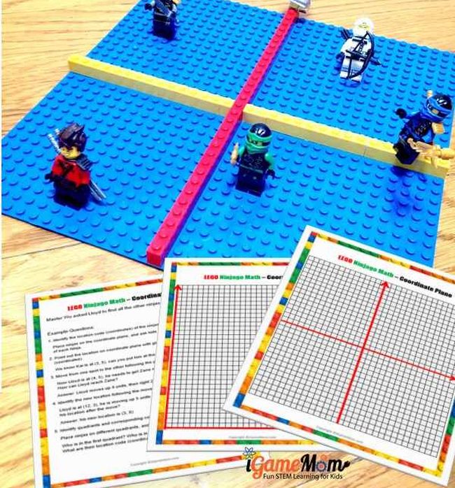 Lego minifigures standing on a coordinate plane made of Lego bricks, with coordinate plane worksheets