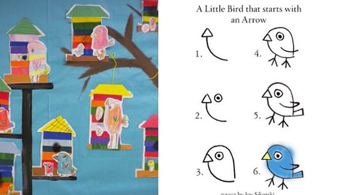 Paper birdhouses and instructions on how to draw a simple bird that starts with an arrow