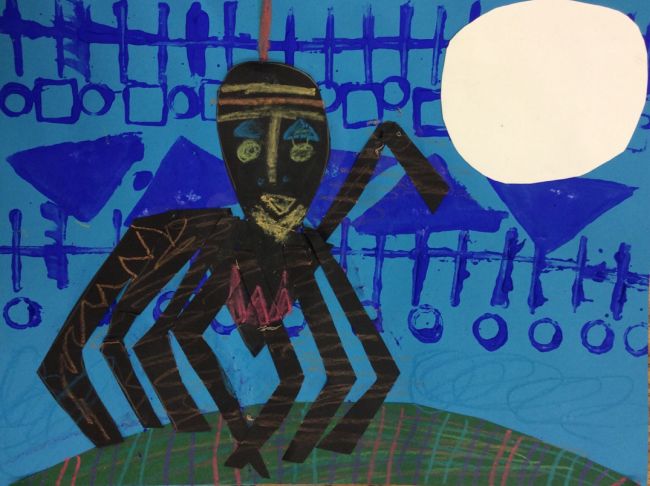 African art inspired spider with a blue patterned background and full moon