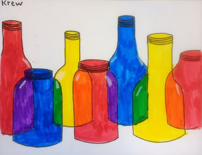 Bottle outlines filled in with markers, with overlaps showing blended colors