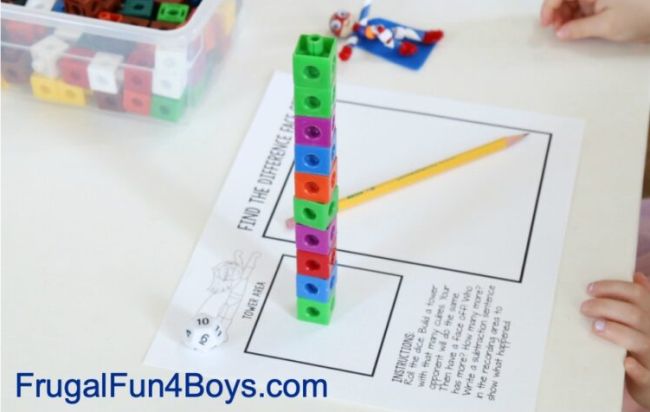 Stack of colorful base 10 cubes on a printable worksheet called Find the Difference Face Off