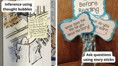 First grade reading comprehension activities: "Inference using thought bubbles" with book page with illustration of duck reading newspaper and a thought bubble on a sticky note and "Ask questions using story sticks" with a glass mason jar with paper questions attached to paper straws inside